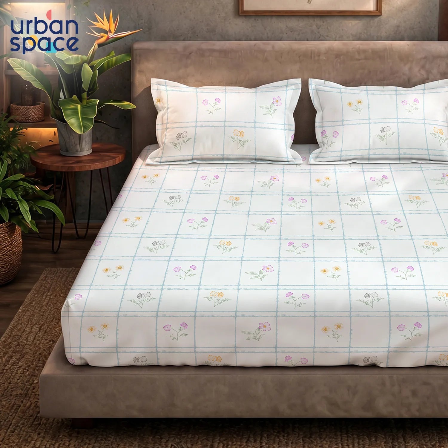 Serene 200 TC 100% Cotton Bedsheet with Pillow Covers - Petal & Pane Light Blue