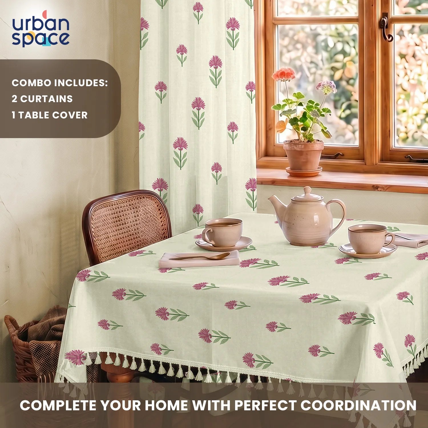100% Cotton Pack of 2 Curtains & Table Cover Combo for Living Room - Aster Pink