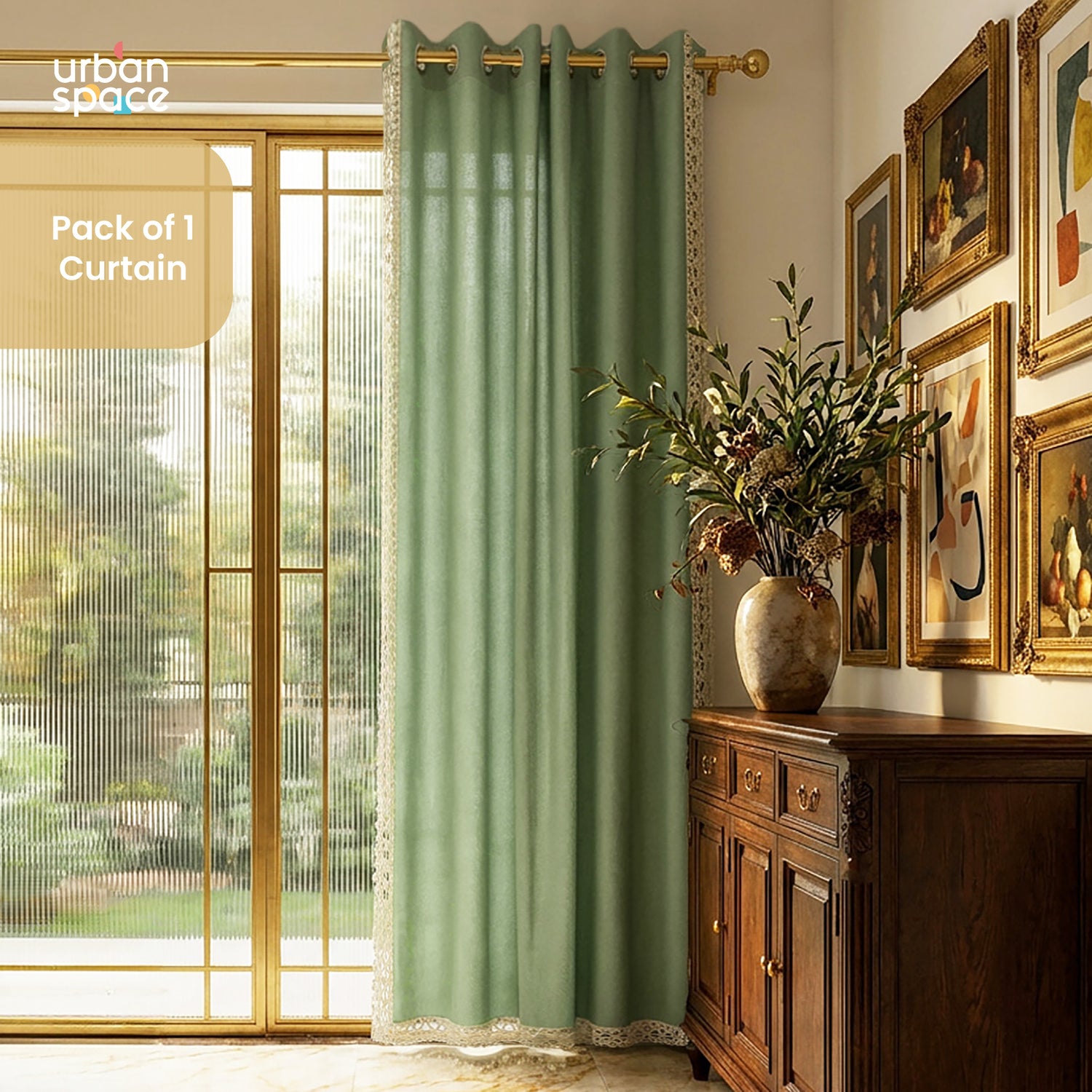 Premium 100% Cotton Curtain for Window & Curtains for Door with Lace Trim - Pack of 1, Aura Sage Green