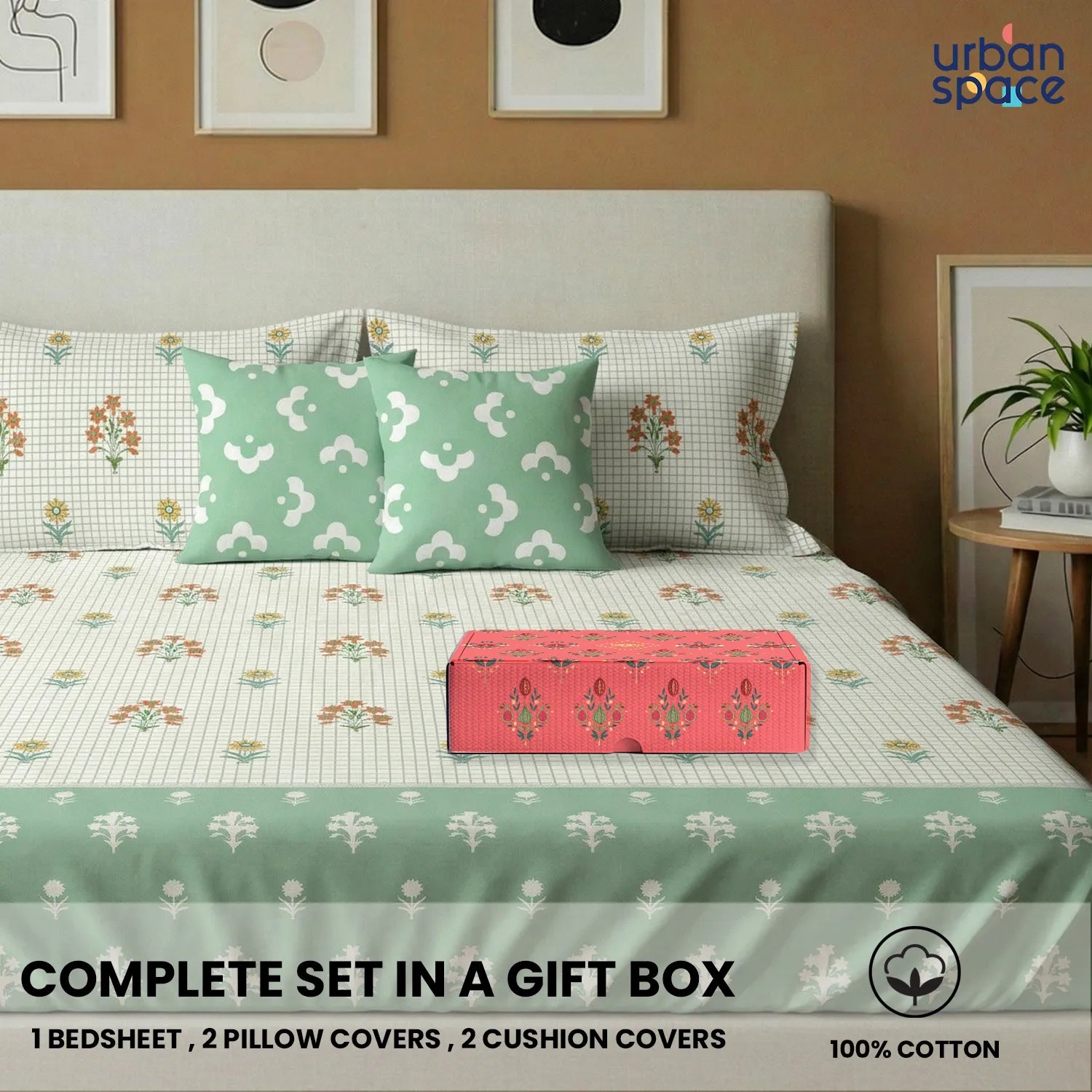 5 PC Cotton Bedsheet Set, Double/Queen Bedsheet in Giftbox- Magnolia Sage Green