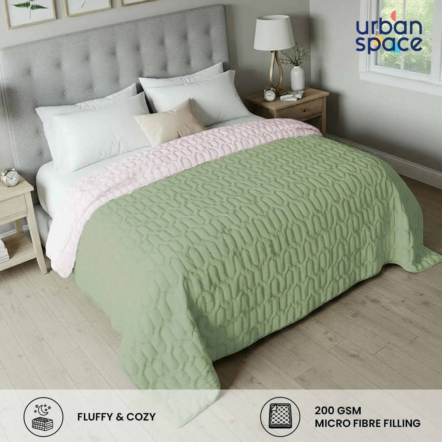 Fluffy & Heavy 200 GSM Microfiber Reversible Quilted Winter Comforters - Sage Green & Blush