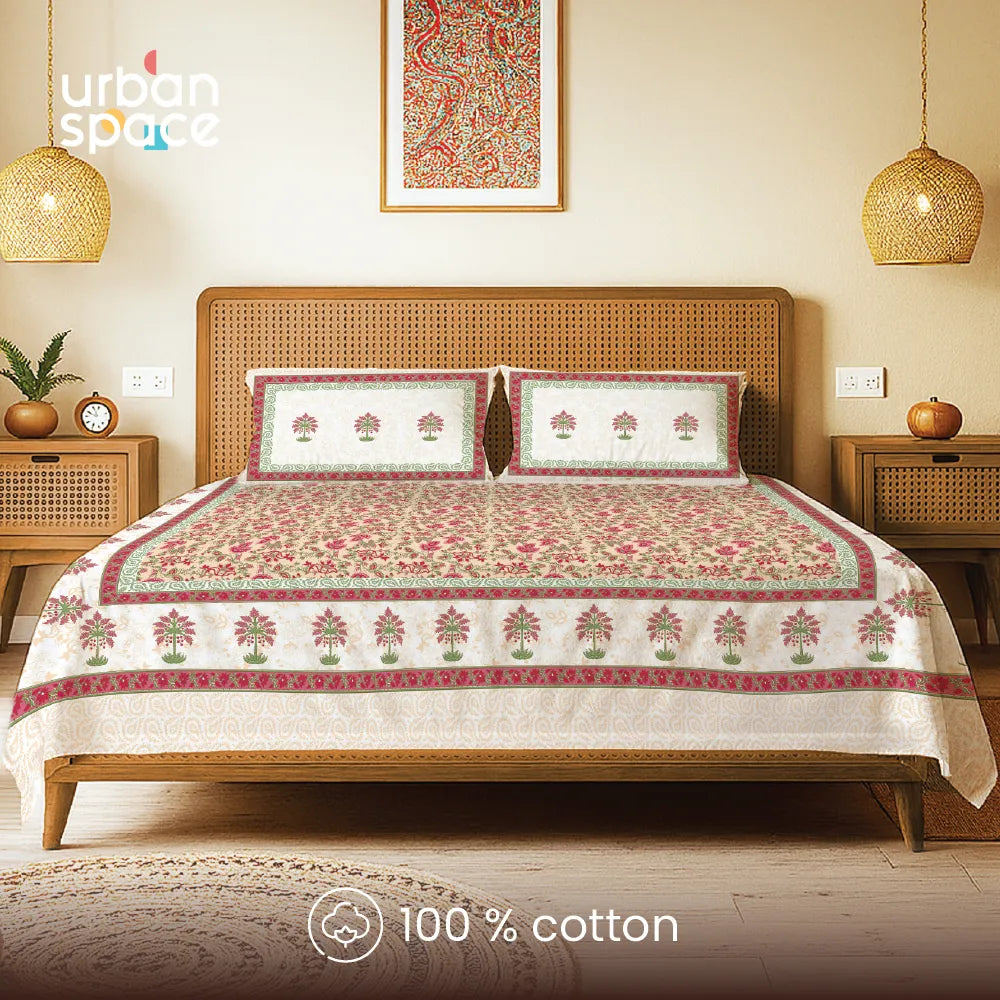 Rajasthani Ethnic 100% Cotton Bedsheet with 2 Pillow Covers, Double & King Bed - Noor Mahal Pink