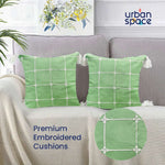 Embroidered Cotton Cushion Cover, for Sofa, Bedroom, Living Room - Set of 2 - Aura Checks Green