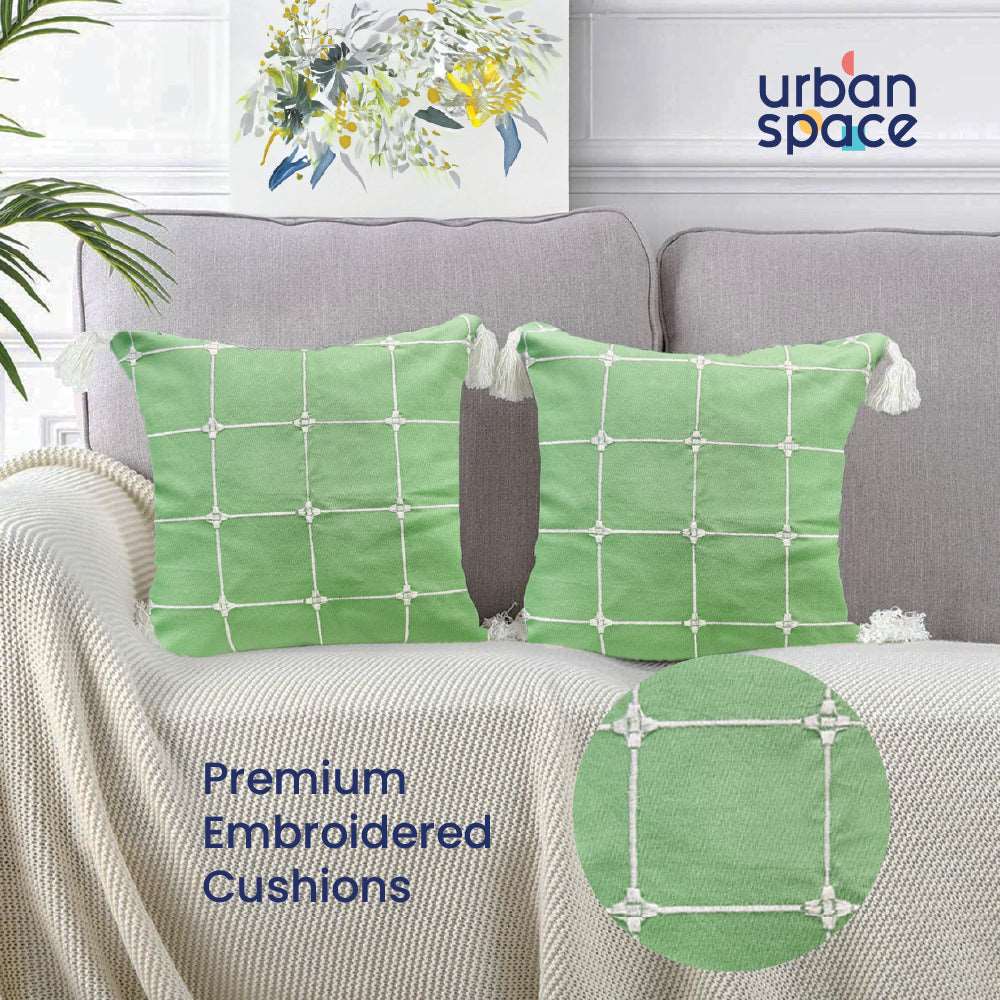 Embroidered Cotton Cushion Cover, for Sofa, Bedroom, Living Room - Set of 2 - Aura Checks Green