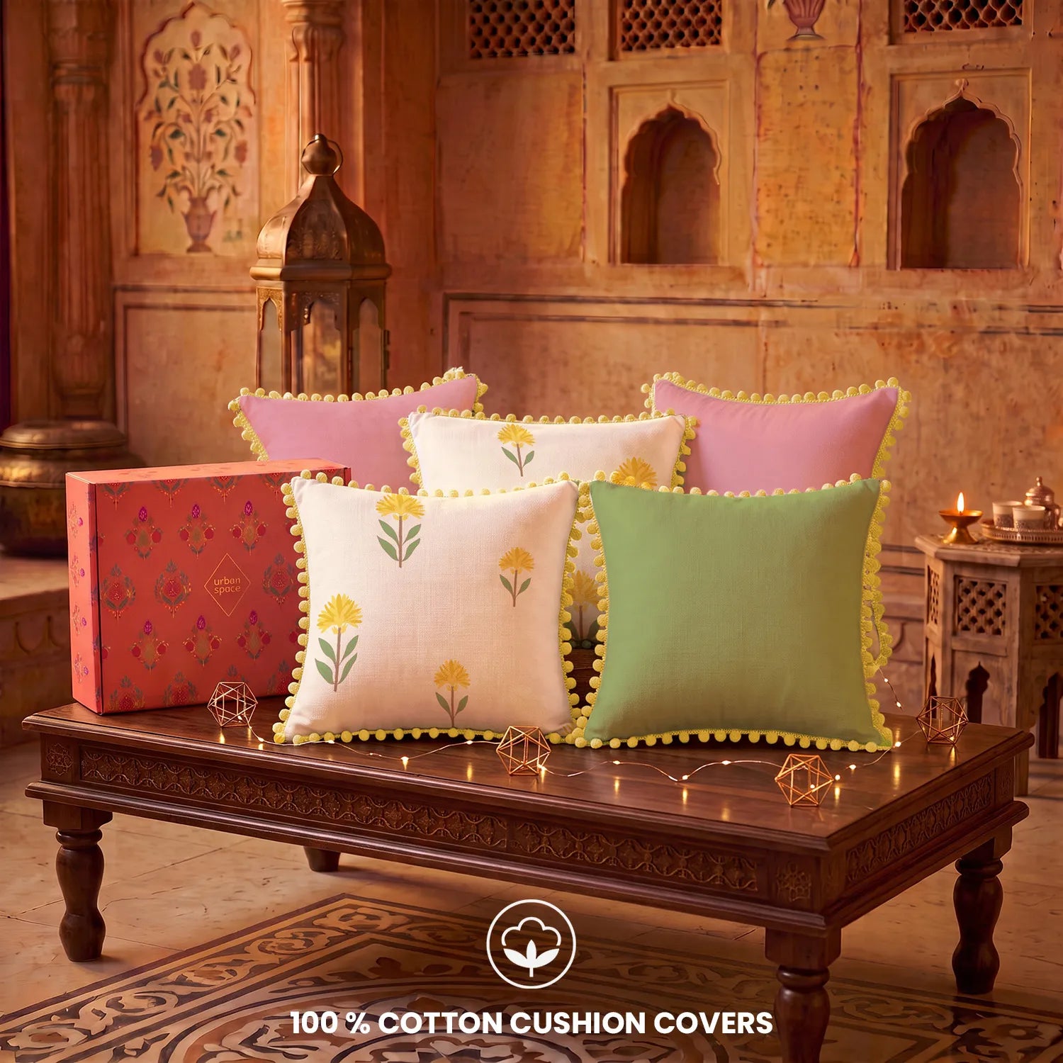 Set of 5 Foil Printed Cotton Cushion Covers in Giftbox - Aster & Aura