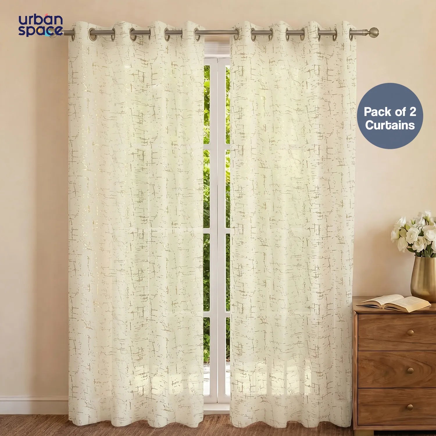 Linen Textured Metallic Gold Foil Sheer Curtains, Pack of 2 Curtains - Sparkle - Butter Cream