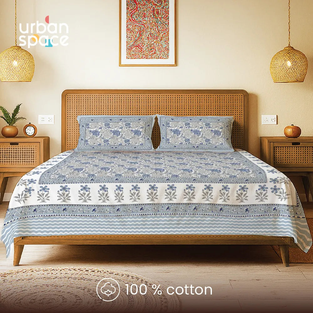 Rajasthani Ethnic 100% Cotton Bedsheet with 2 Pillow Covers, Double & King Bed - Rangrez Blue