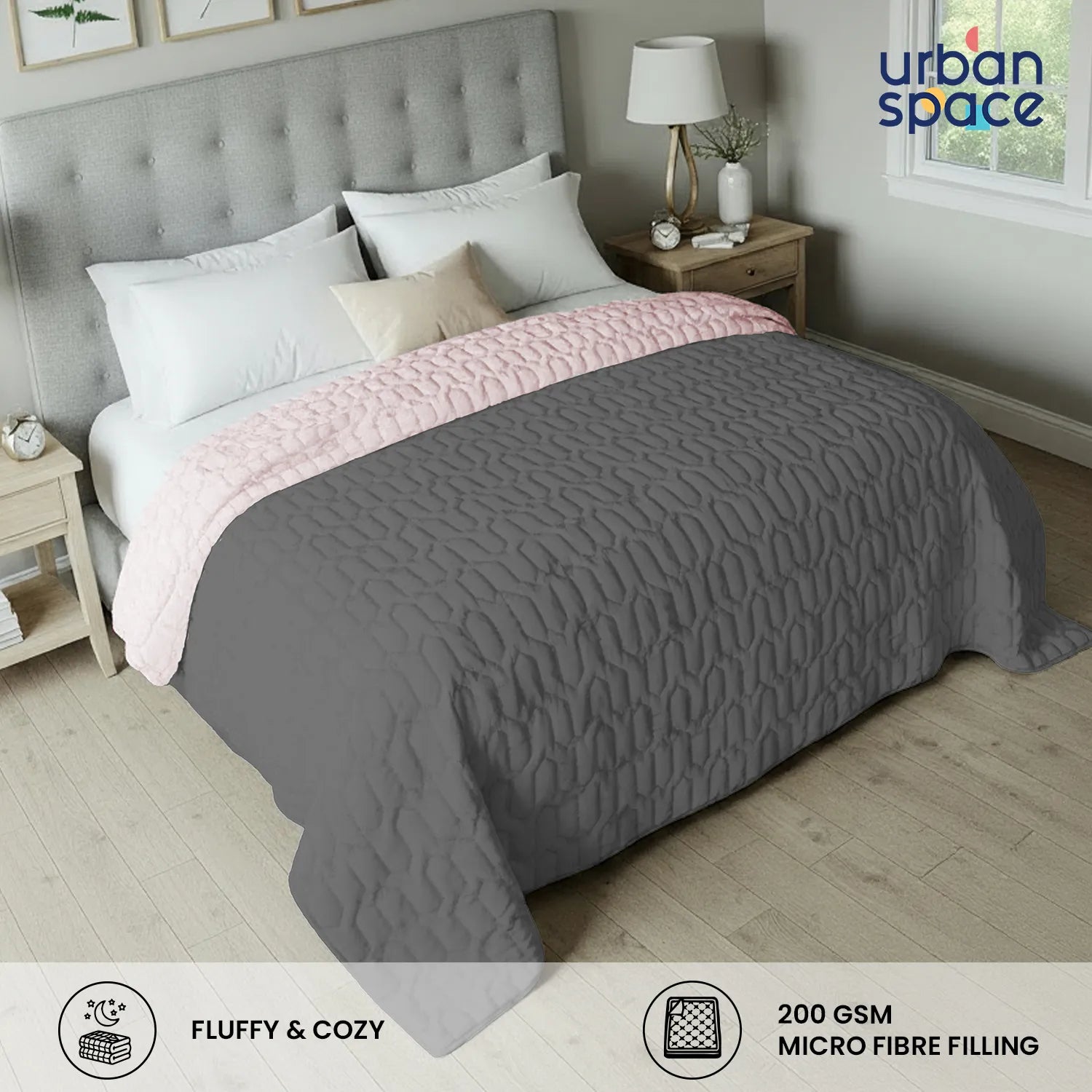 Fluffy & Heavy 200 GSM Microfiber Reversible Quilted Winter Comforters - Grey & Rose