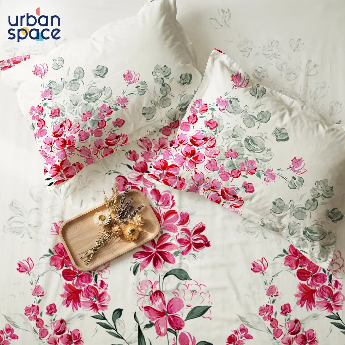 Serene 200 TC 100% Cotton Printed Bedsheet with Pillow Covers - Majestic Pink