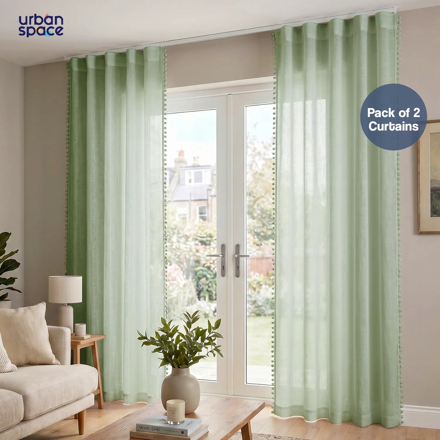 Sheer Curtain for Living Room with linen texture & Track Channel, Net Curtain for balcony, Pack of 2 Curtains -  Mint Green with pom pom