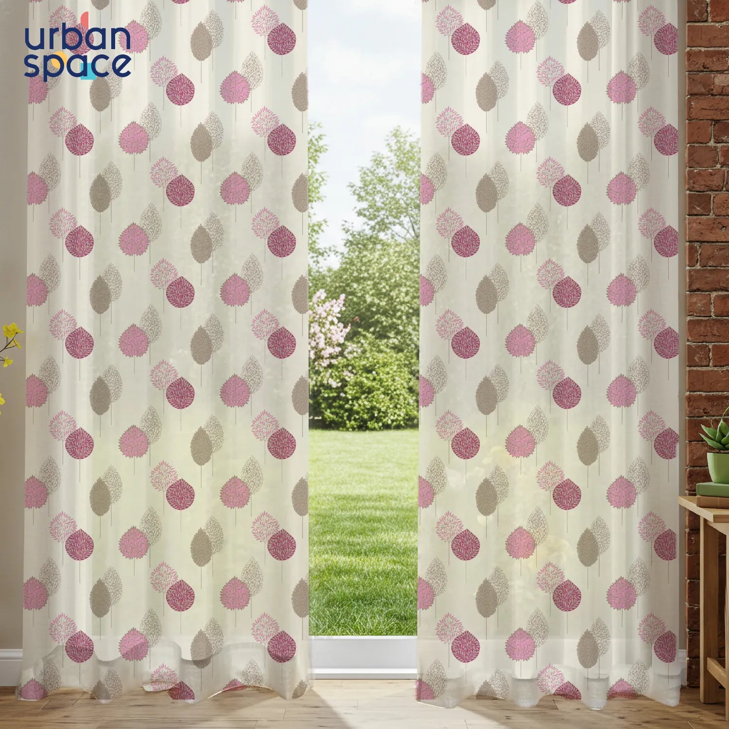 Sheer Curtains, Linen Textured & Digital Printed, Pack of 2 - Drops Pink