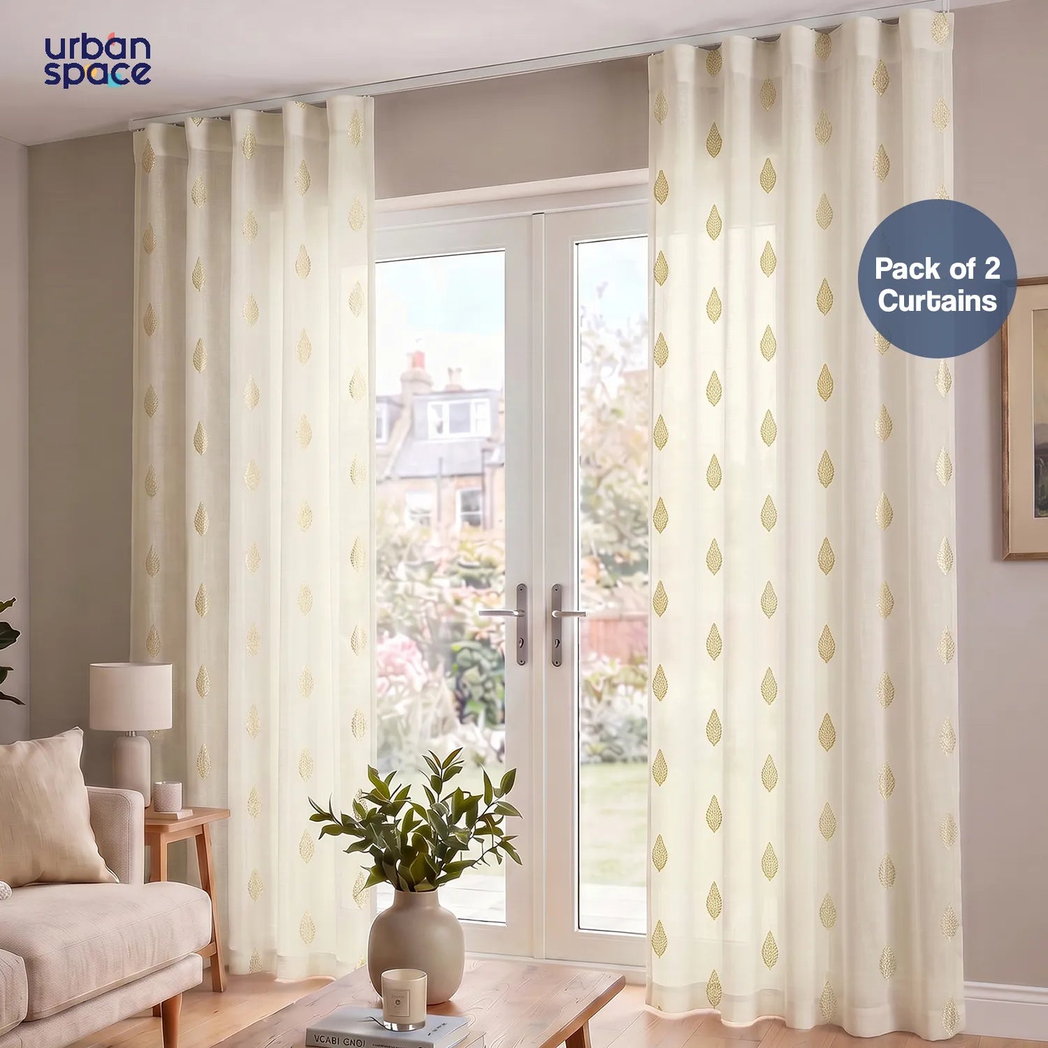 Linen Textured Metallic Gold Foil Sheer Curtains with Track Channel, Pack of 2 Curtains - Vanya Buttercream