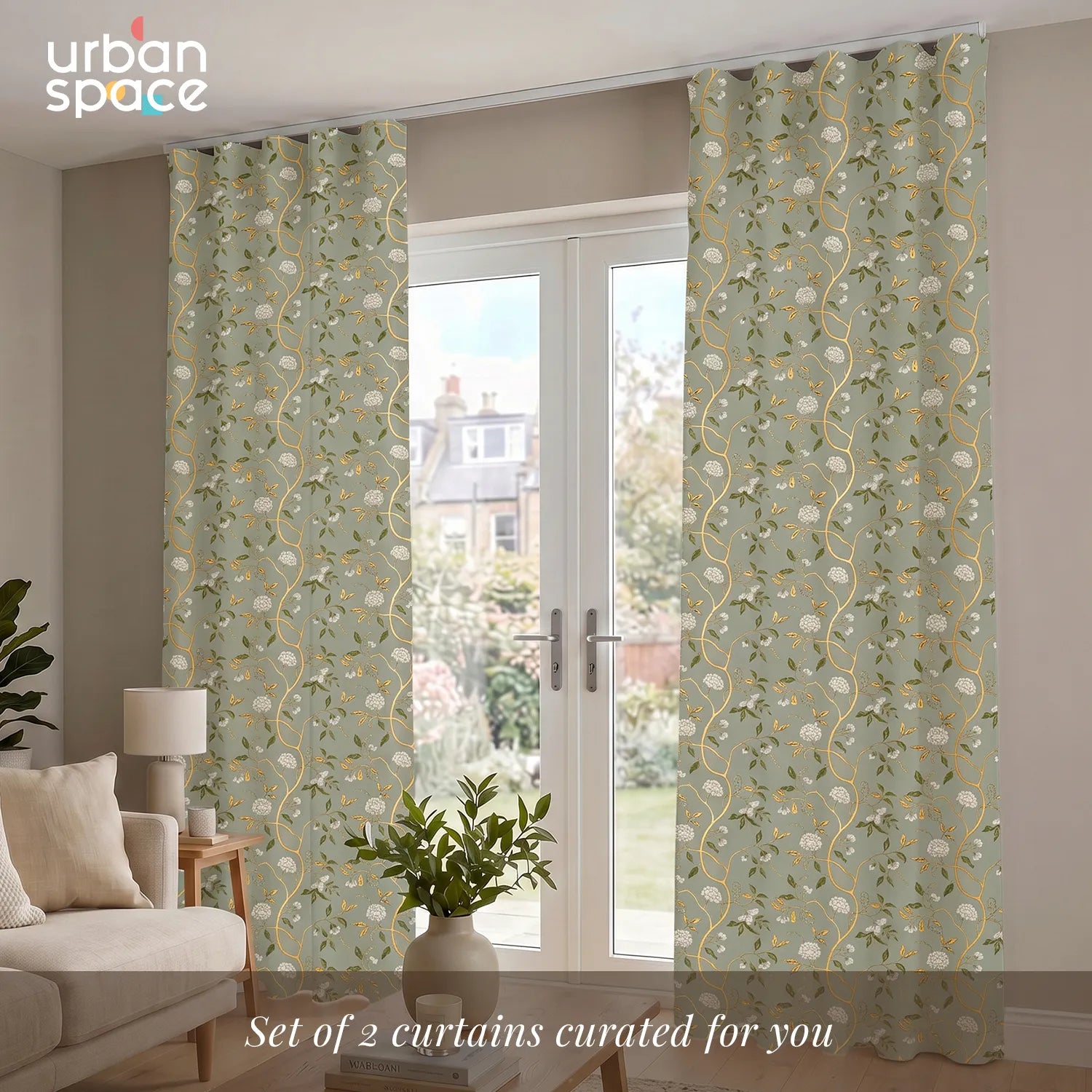 100% Cotton Curtains for Living Room, Bedroom curtains with Track Channel - Pack of 2 curtains, Zari Baagh Sage Green Gold