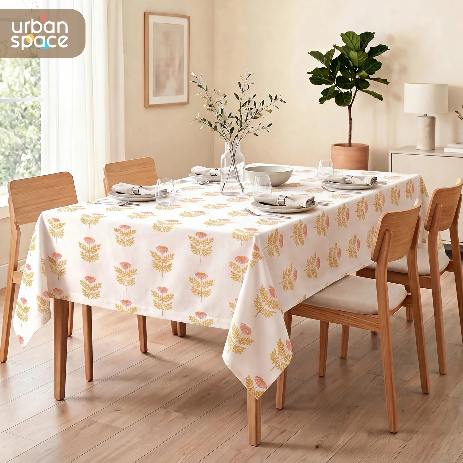 100% Printed Cotton Dining Table Cover for 4 & 6 Seater - Amara Peach