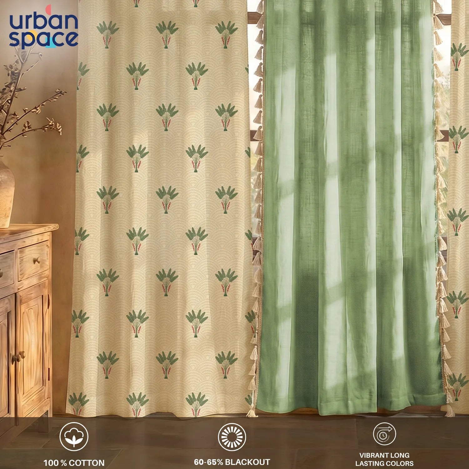 Cotton Curtains Combo, Set of 3 curtains, 60-65% Room Darkening Curtain - Palm Lagoon Green & Aura Sage Green