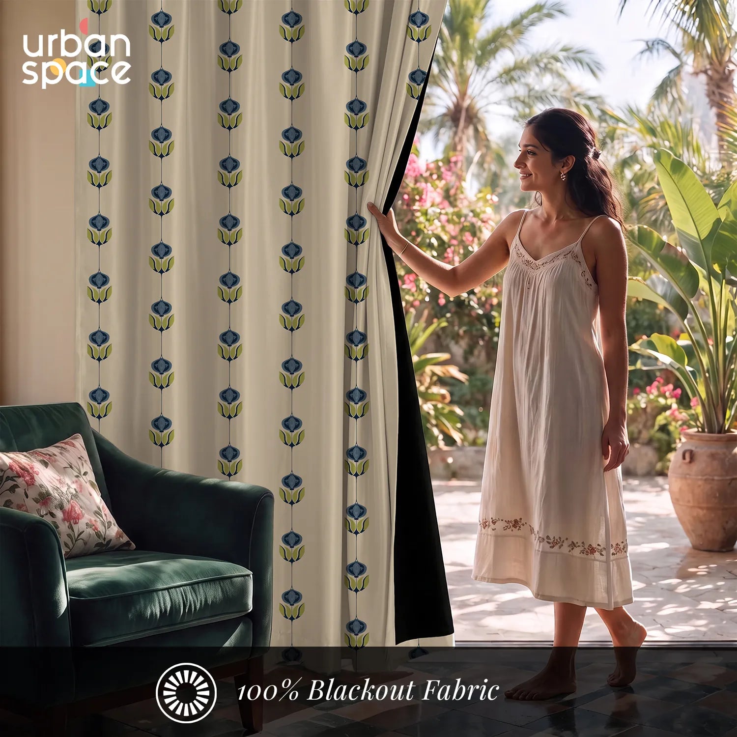 Digital Printed 100% Blackout Curtains, Pack of 2 Curtains -  Lotus Trail
