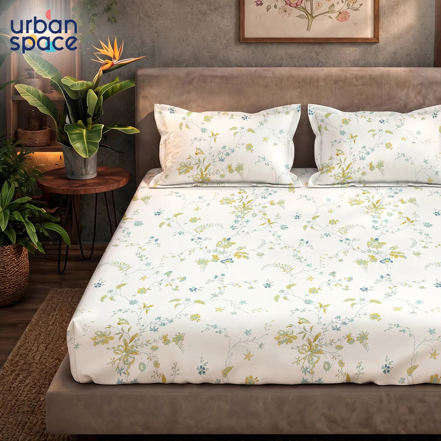 Serene 200 TC 100% Cotton Bedsheet with Pillow Covers - Bloom Pearls Sage Mustard