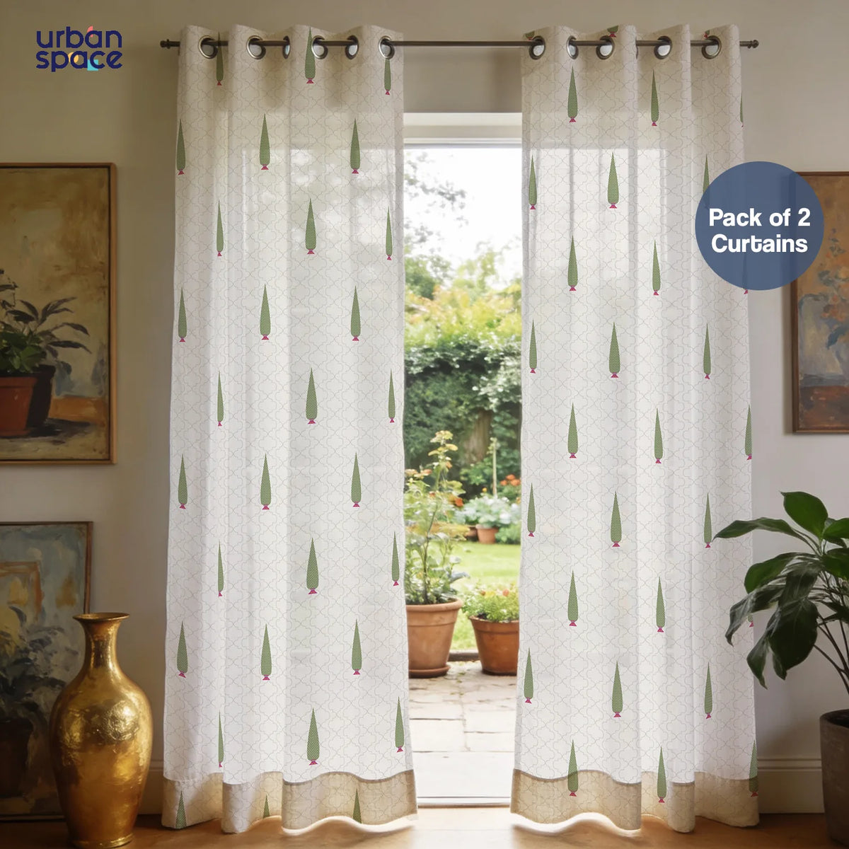 Printed Sheer Linen Curtains, Light Filtering, Pack of 2 Curtains - Pinewood