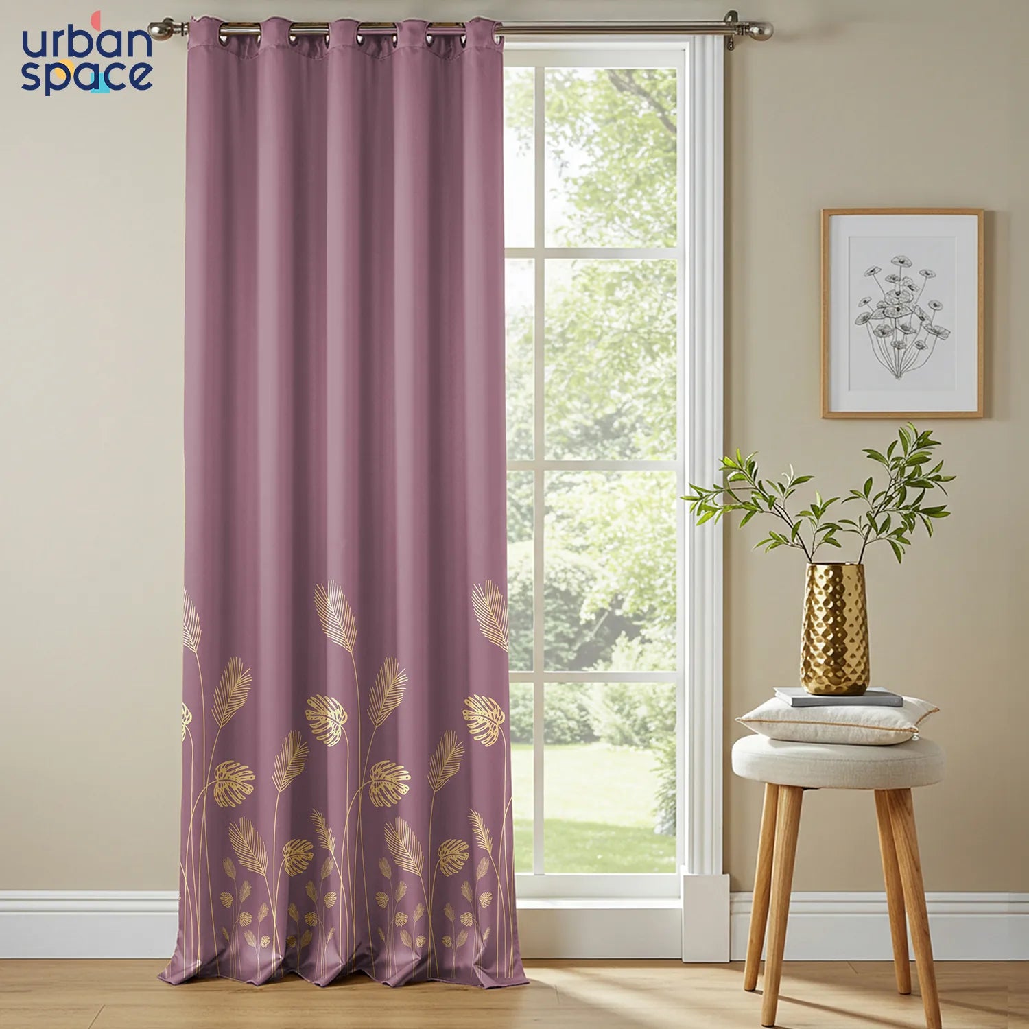Metallic Foil Printed 100% Blackout Curtains - Pack of 1 Curtain - Aurika Mauve