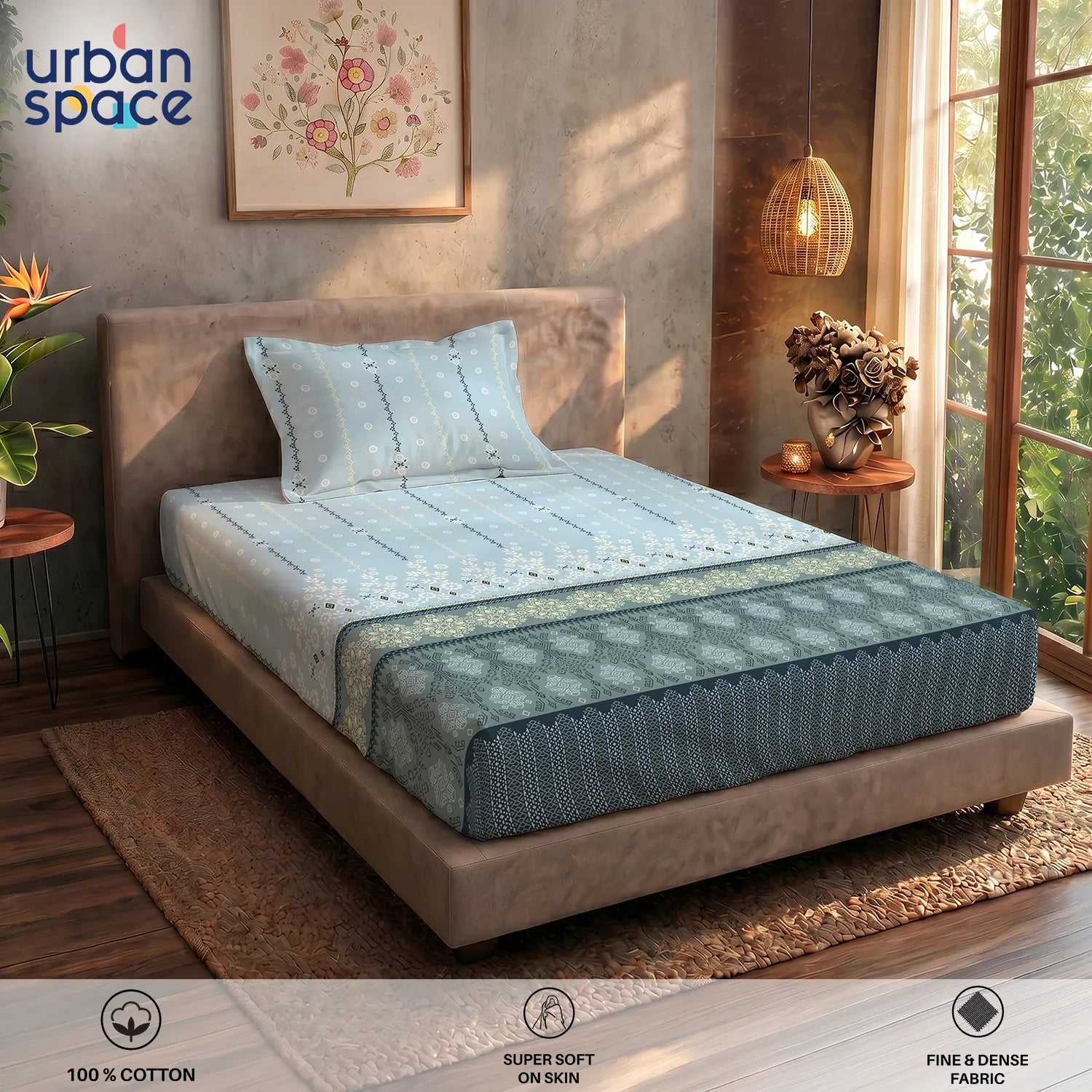 Serene 200 TC 100% Cotton Single Bedsheet with Pillow Covers - Origami Teal Grey
