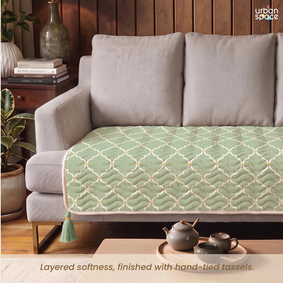 Anti Skid Quilted & Printed Velvet Sofa Mats with Tassels - Oasis Sage Green