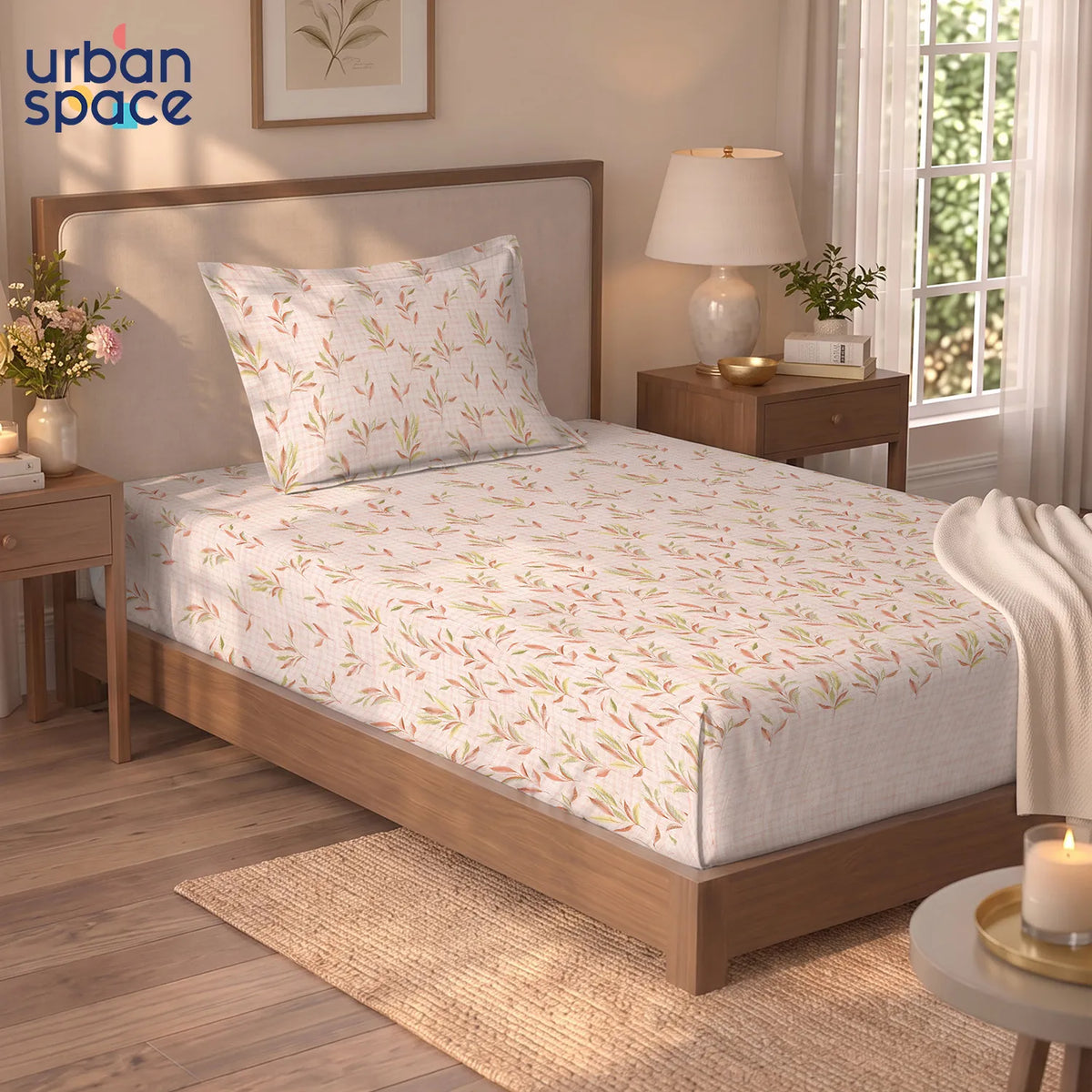 Serene 300 TC 100% Cotton Single Bedsheet with Pillow Covers - Balcony Peach