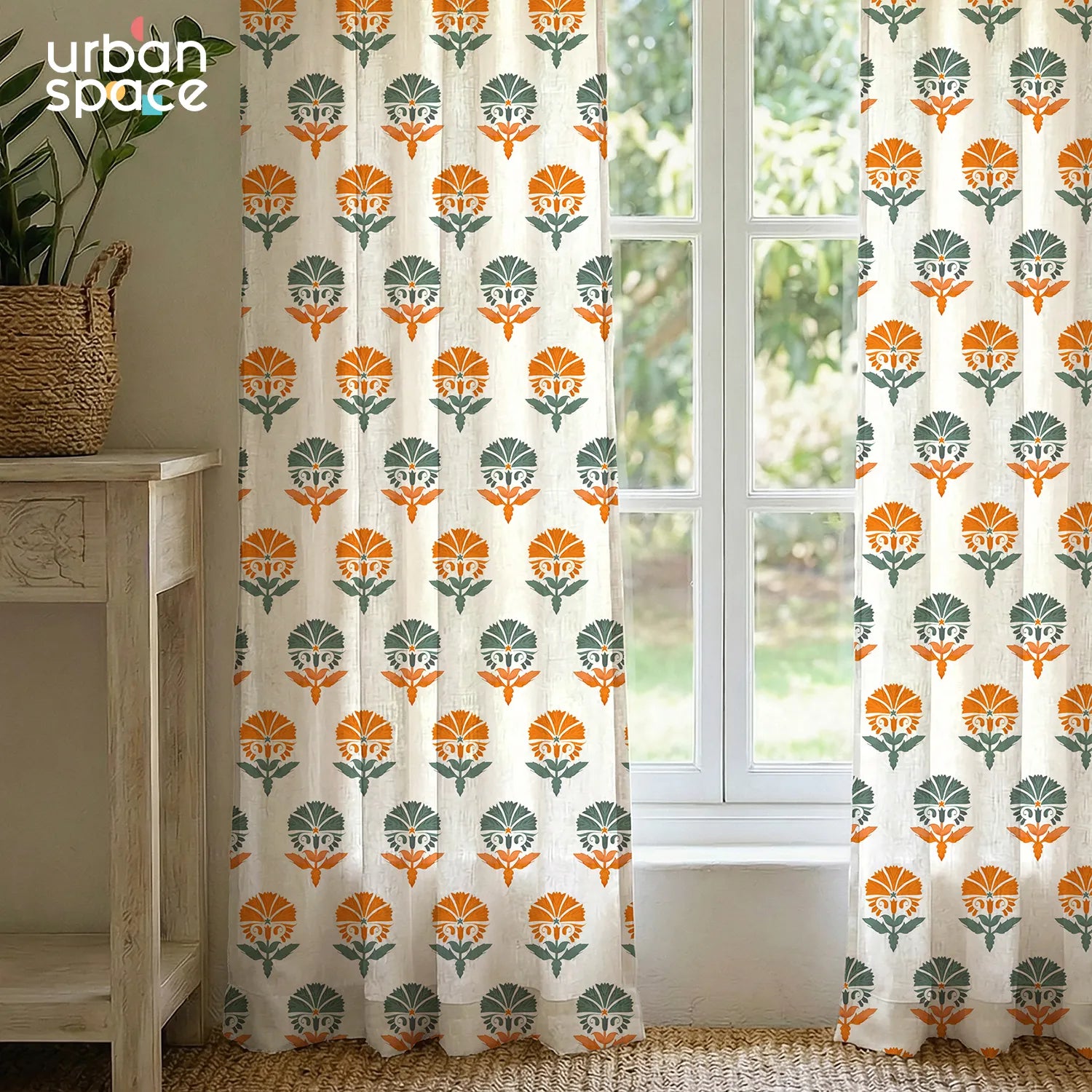 100% Cotton Curtains for Living Room, Bedroom curtains - Pack of 2 curtains, Owl Orchids - Mango