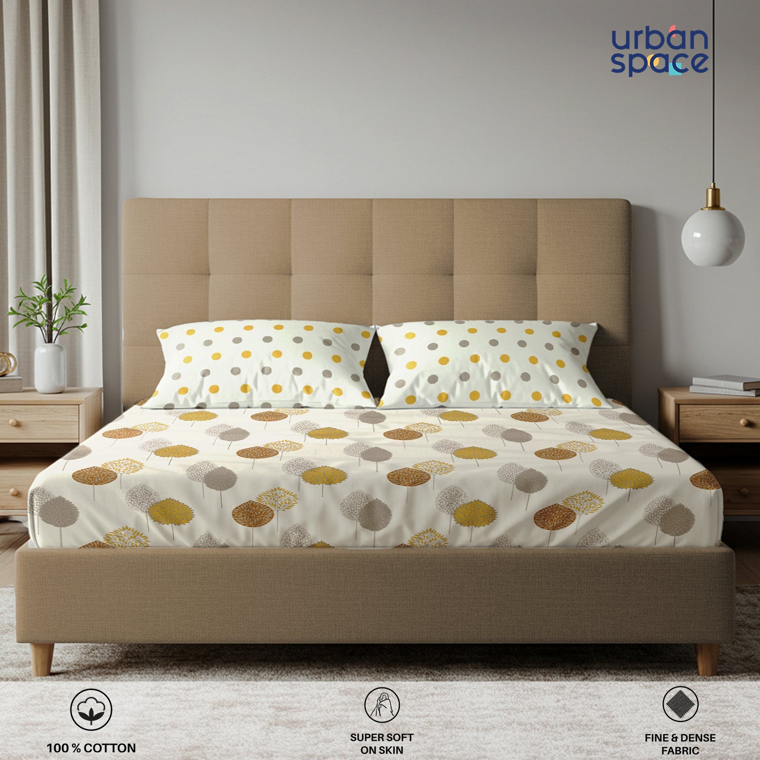 Fitted King Size Cotton Bedsheet - Drops Mustard