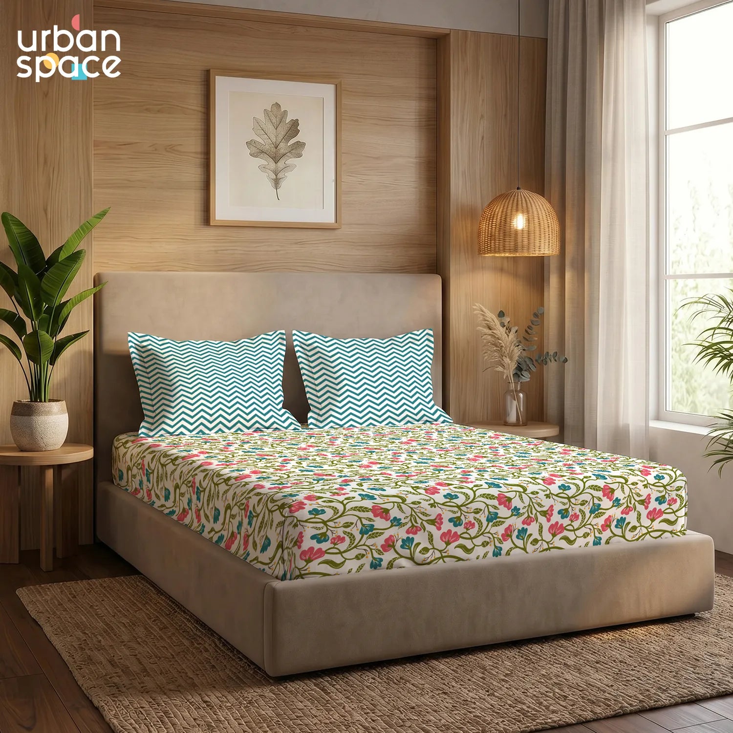 200 TC Glaced Cotton Microfiber Bedsheet with Pillow Covers - Kashmir Pink & Blue