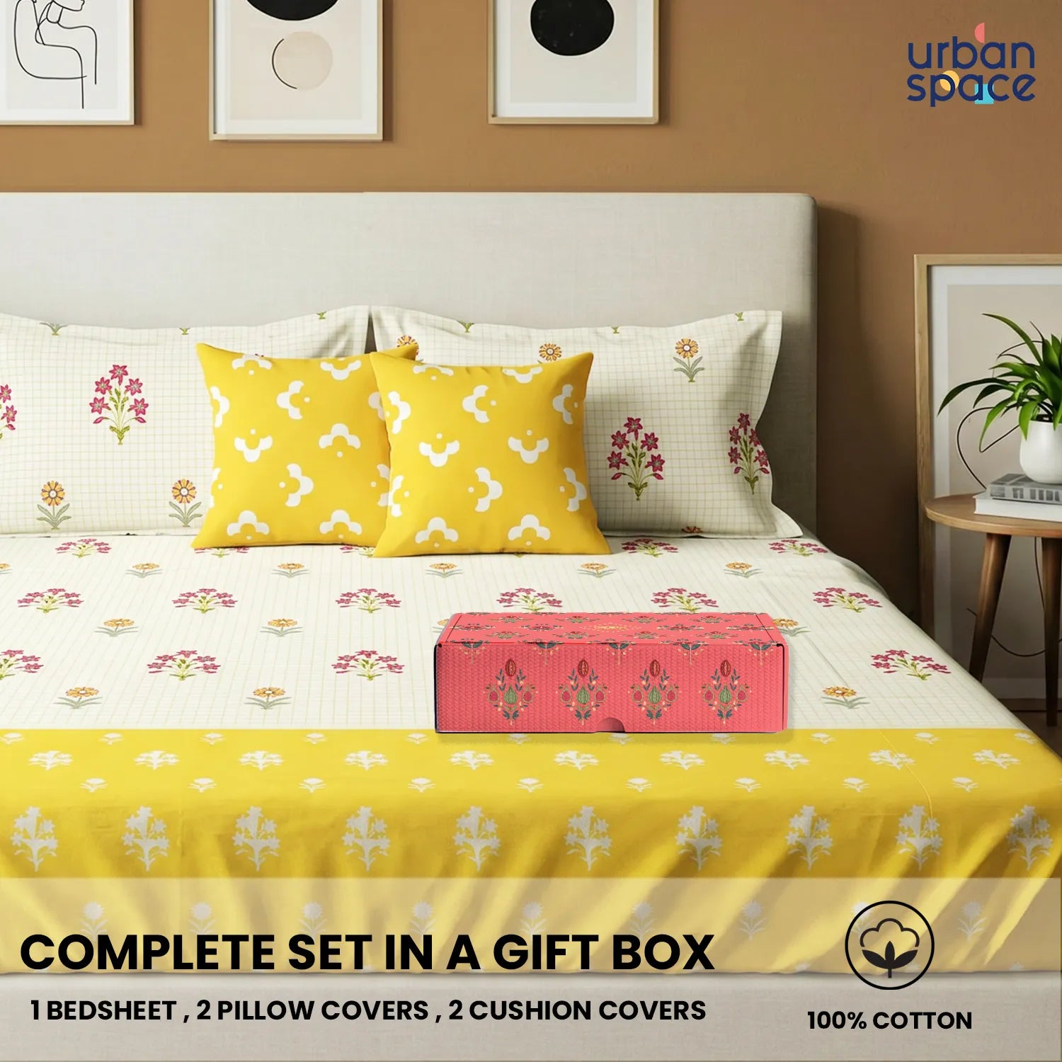 5 PC Cotton Bedsheet Set, Double/Queen Bedsheet in Giftbox- Magnolia Yellow