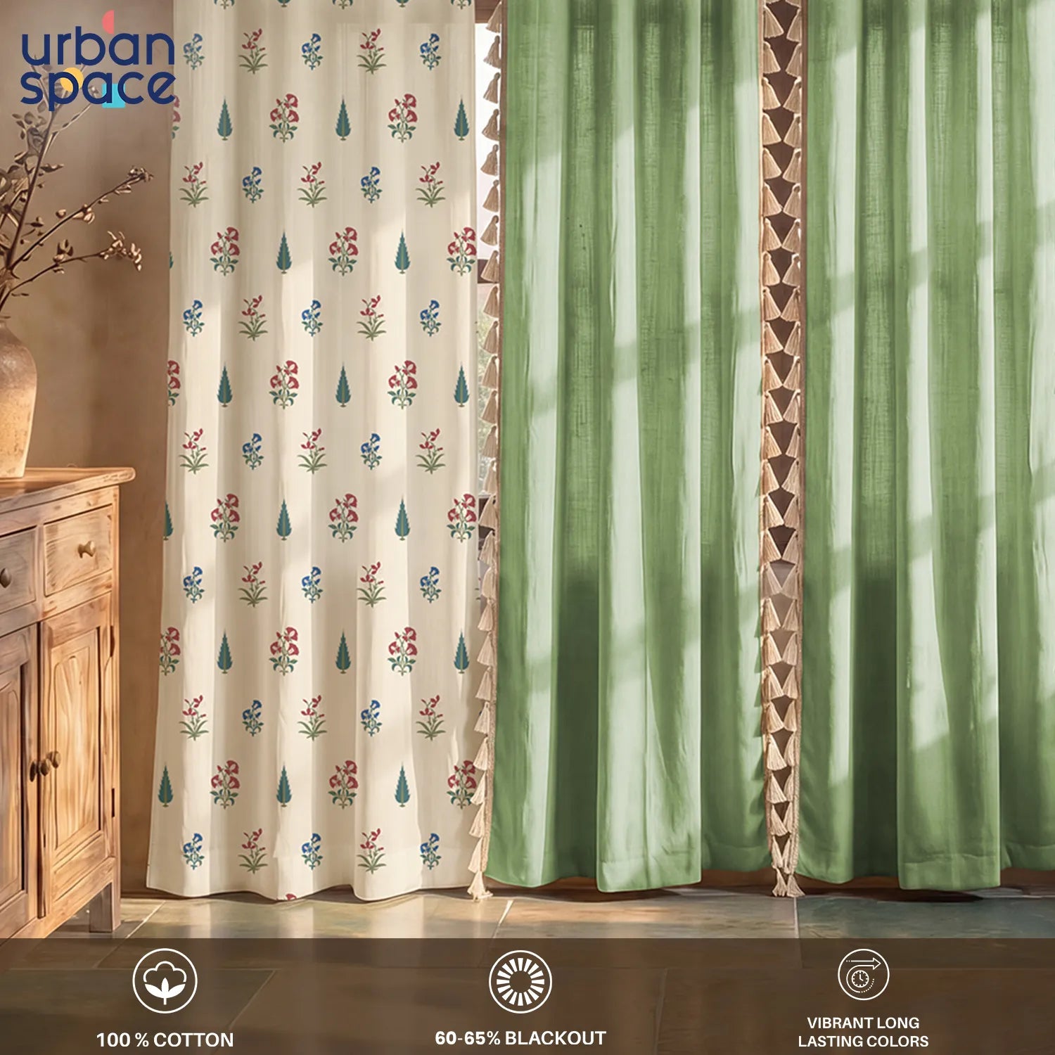 Cotton Curtains Combo, Set of 4 curtains, 60-65% Room Darkening Curtain - High Garden Red & Aura Green