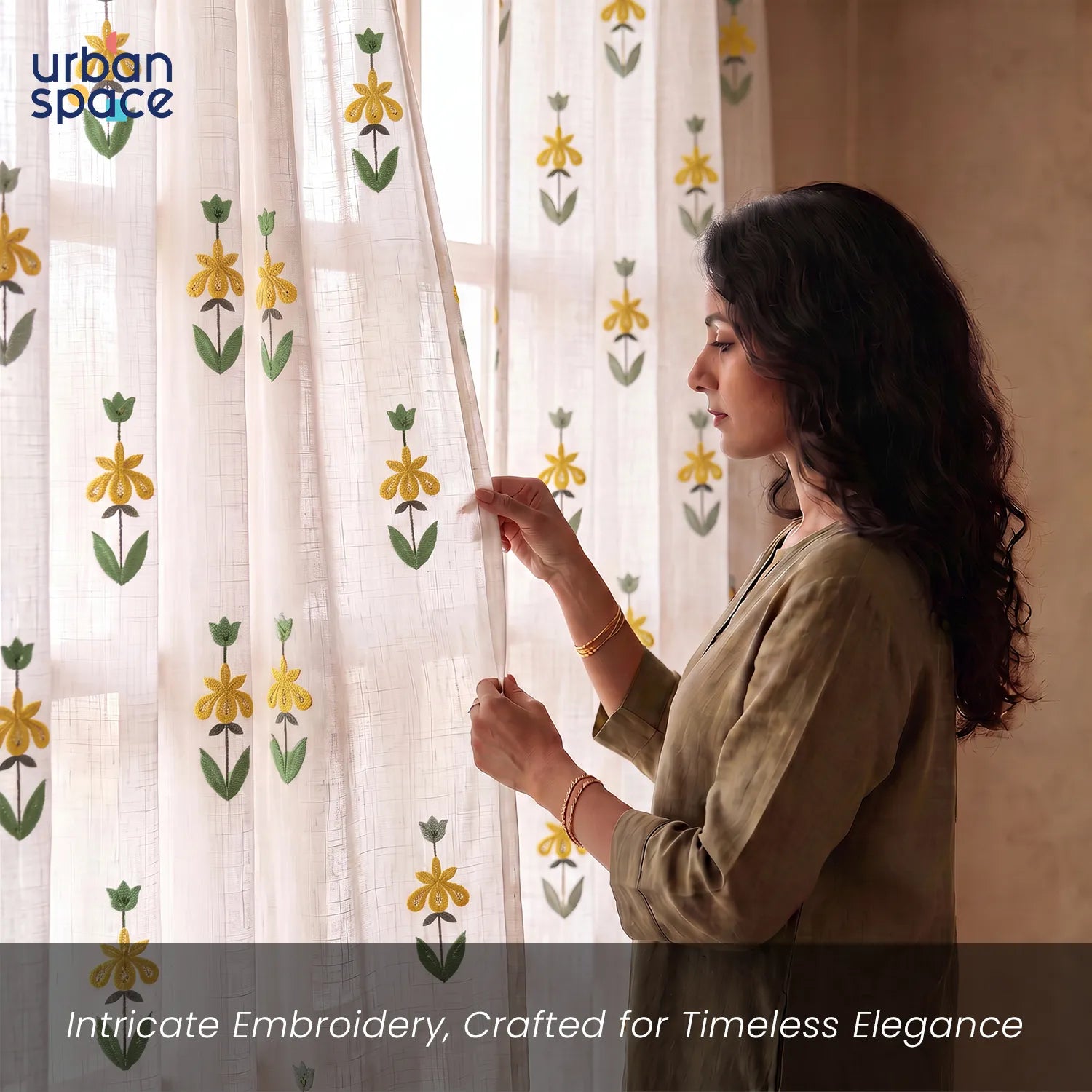 Embroidered Light Filtering Curtains, Pack of 1 - Avira Yellow