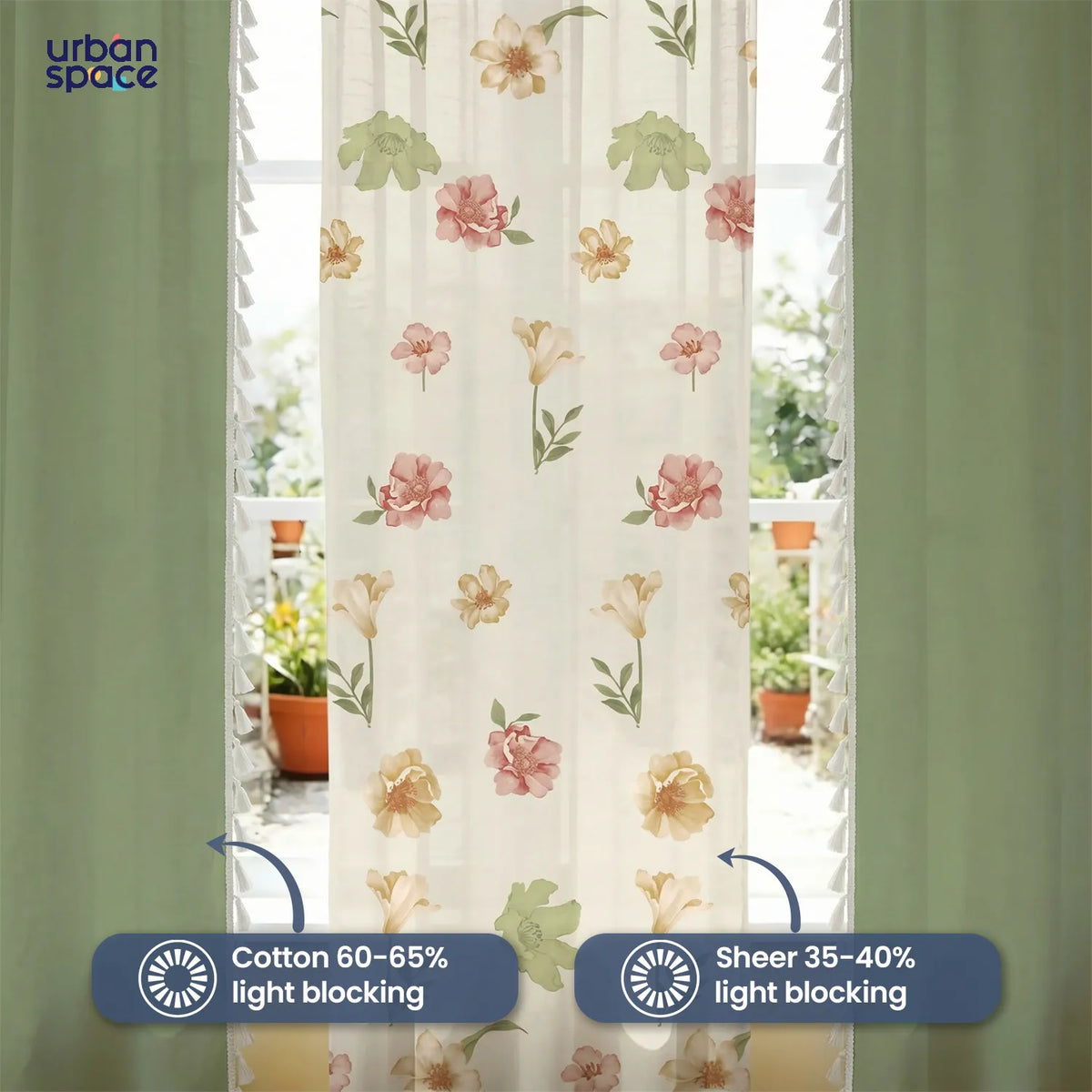 Cotton - Sheer Curtains Combo, Set of 3 curtains, 60-65% Room Darkening Curtain - Mehek & Aura Sage Green image