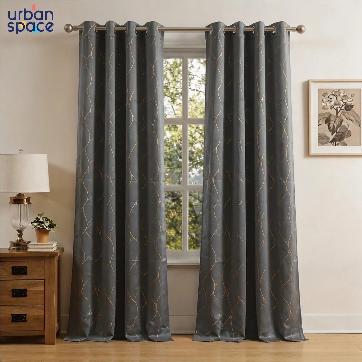 Gold Foil Printed 80-85% Blackout Curtains - Pack of 1 Curtain - Wave - Grey