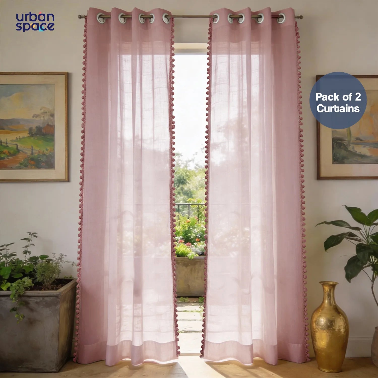 Sheer Curtain for Living Room with linen texture, Net Curtain for balcony, Pack of 2 Curtains - Blush Pink with pom pom