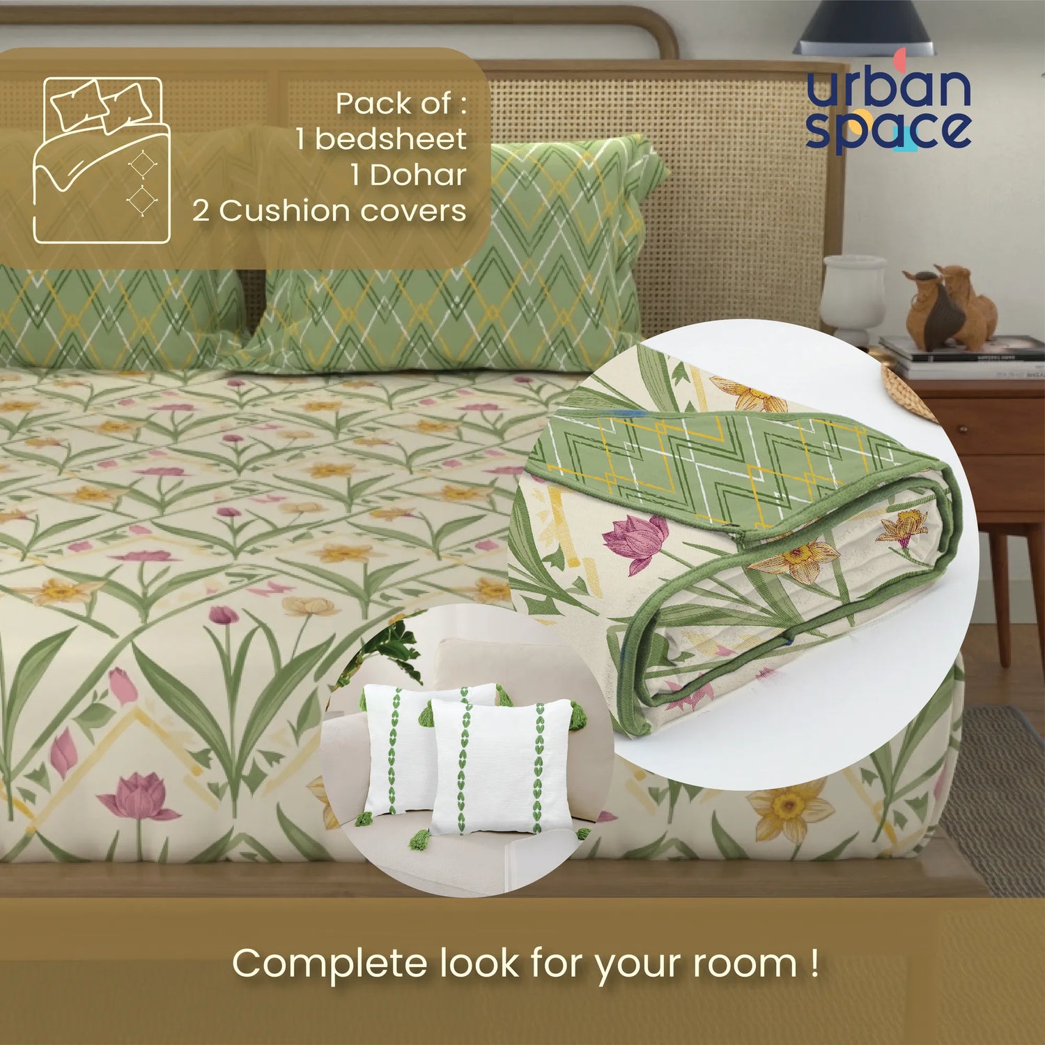 6 Pc Cotton Bedding Set in Gift Box, Spring Sage Green