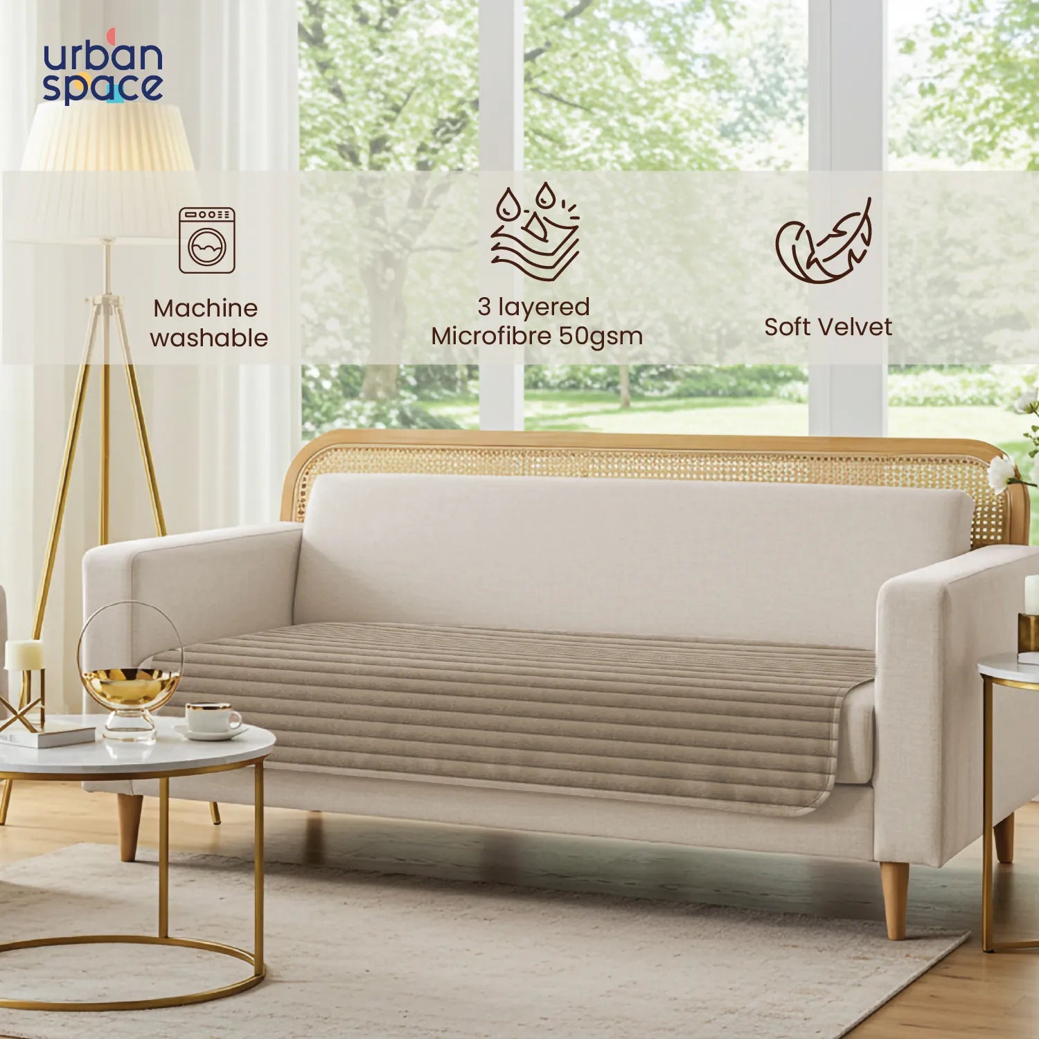 Anti Skid Quilted Velvet Sofa Mats, Soft Brown