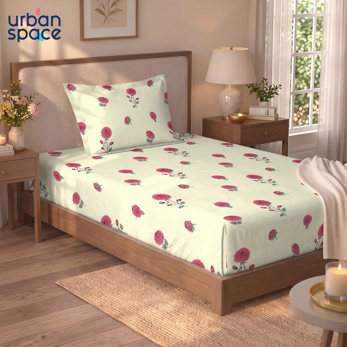 Serene 300 TC 100% Cotton Single Bedsheet with Pillow Covers - Postcard Home Pink