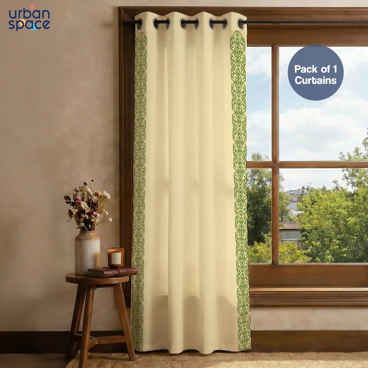 Premium 100% Cotton Curtain for Window & Curtains for Door with Lace Trim - Pack of 1, Beige - Motif Lace Green
