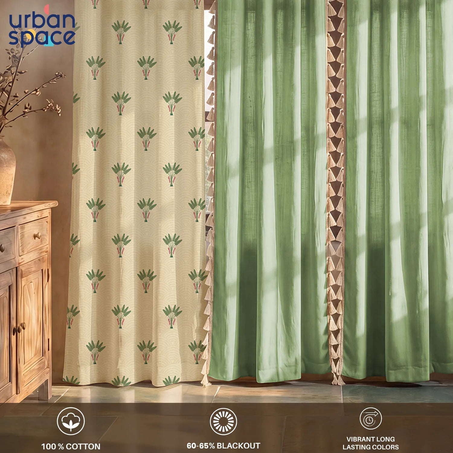 Cotton Curtains Combo, Set of 4 curtains, 60-65% Room Darkening Curtain - Palm Lagoon Green & Aura Green