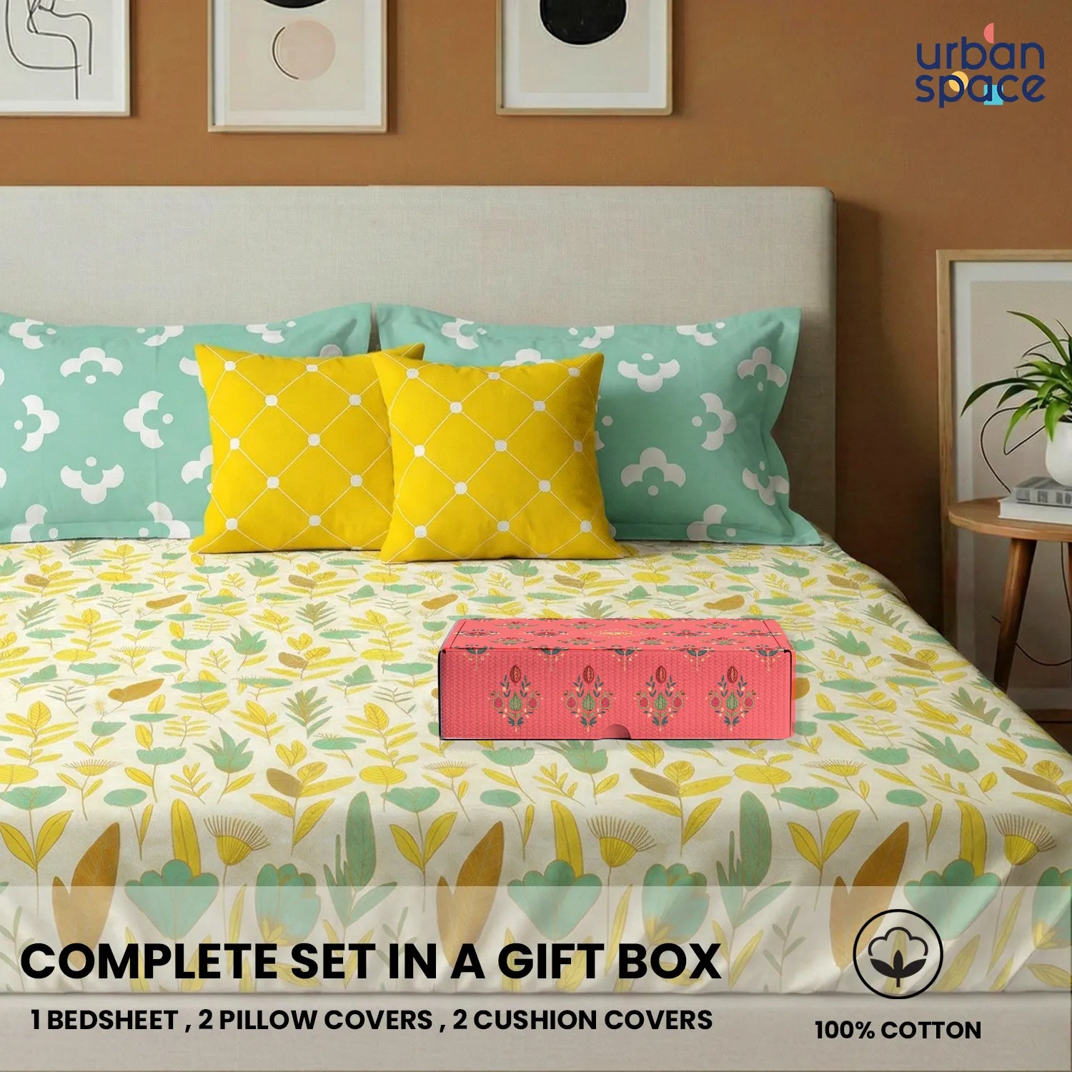 5 PC Cotton Bedsheet Set, Double/Queen Bedsheet in Giftbox- Mist Mint Green