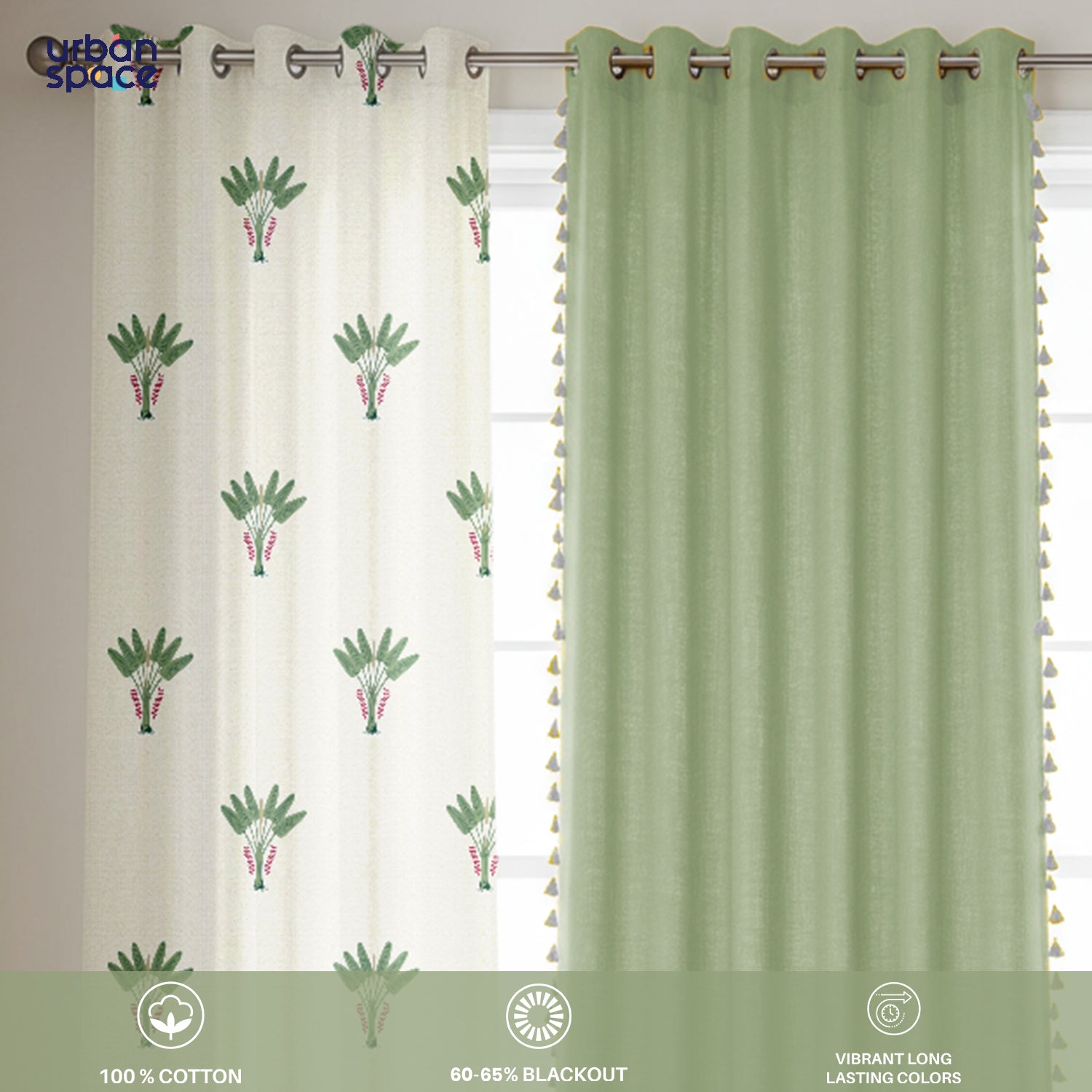 Cotton Curtains Combo, Set of 3 curtains, 60-65% Room Darkening Curtain - Palm Lagoon Green & Aura Green