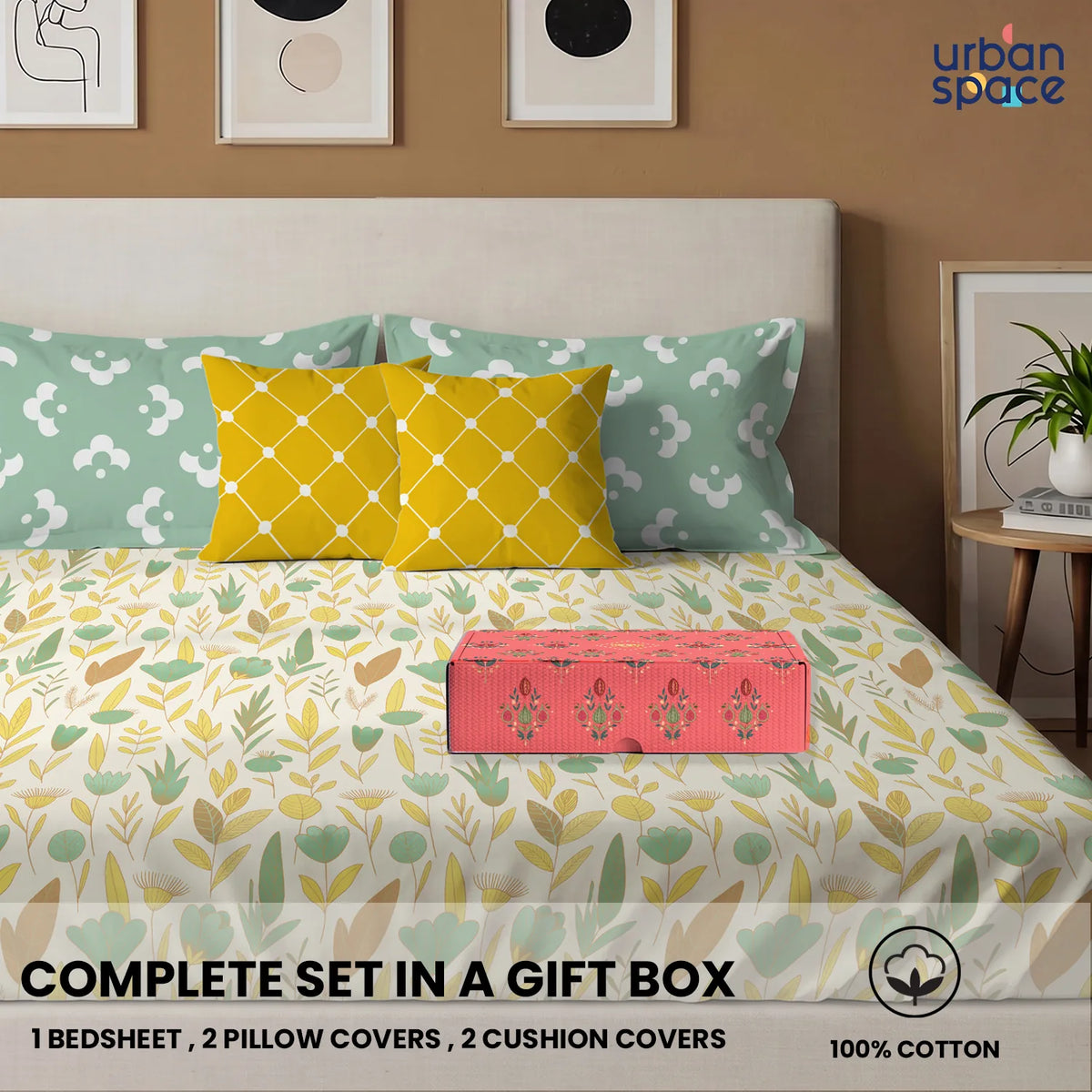 5 PC Cotton Bedsheet Set, Double/Queen Bedsheet in Giftbox- Mist Mint Green