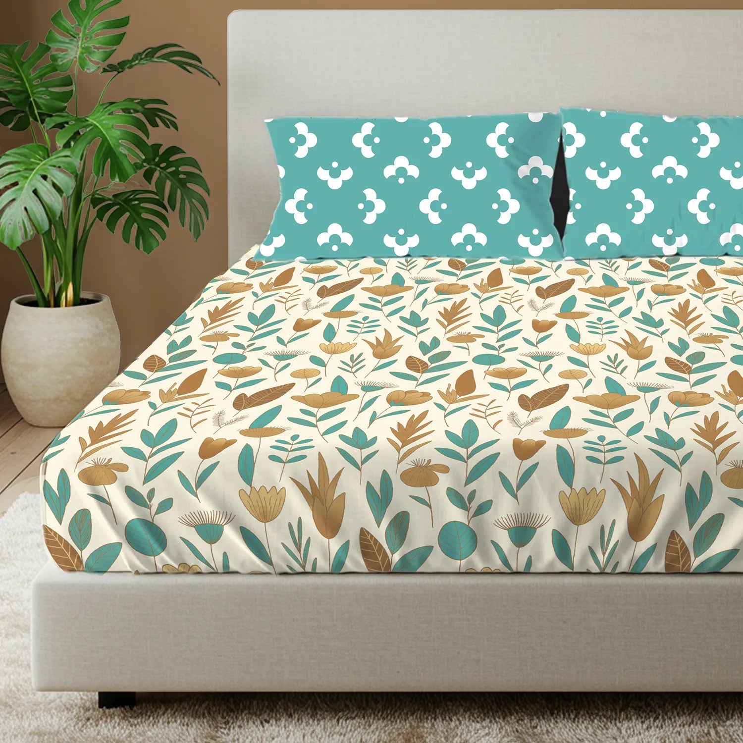 Divine Collection - Cotton Bedsheet With 2 Pillow Covers, Mist Teal Blue