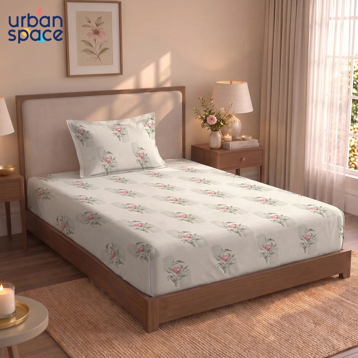 Serene 300 TC 100% Cotton Single Bedsheet with Pillow Covers - Winter Breeze Buttercream