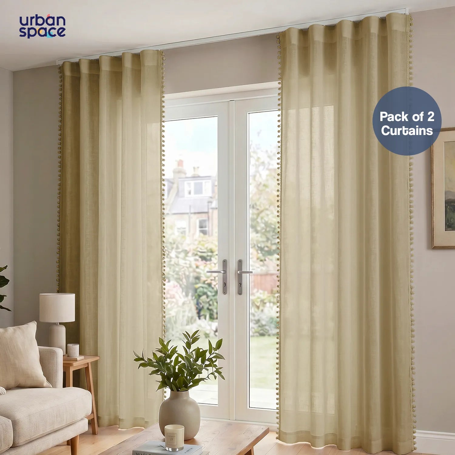 Sheer Curtain for Living Room with linen texture & Track Channel, Net Curtain for balcony, Pack of 2 Curtains -  Taupe with pom pom