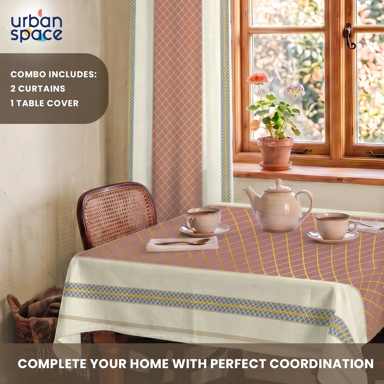 100% Cotton Pack of 2 Curtains & Table Cover Combo for Living Room - Zari Jaal Dusty Pink Gold