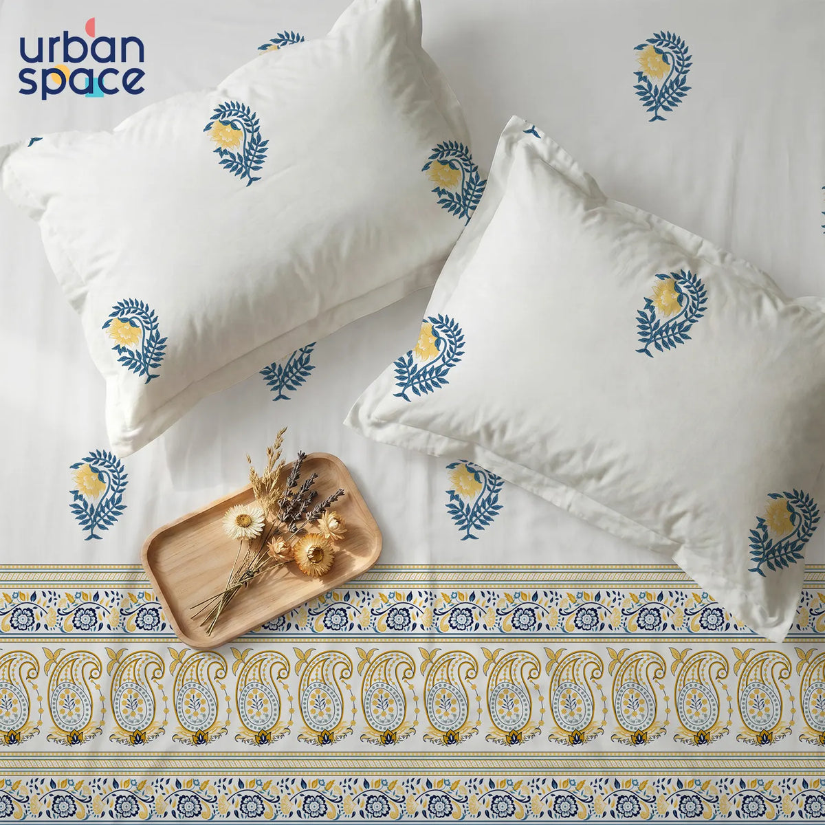 300 TC Cotton Percale Bedsheet with Pillow Covers - Ethnic Motif Yellow