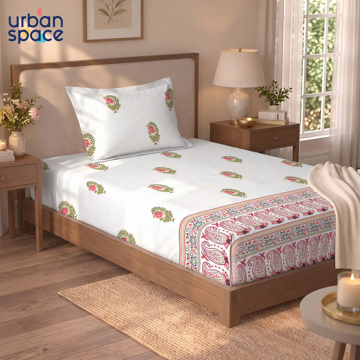 Serene 300 TC 100% Cotton Single Bedsheet with Pillow Covers - Ethnic Motif - Pink