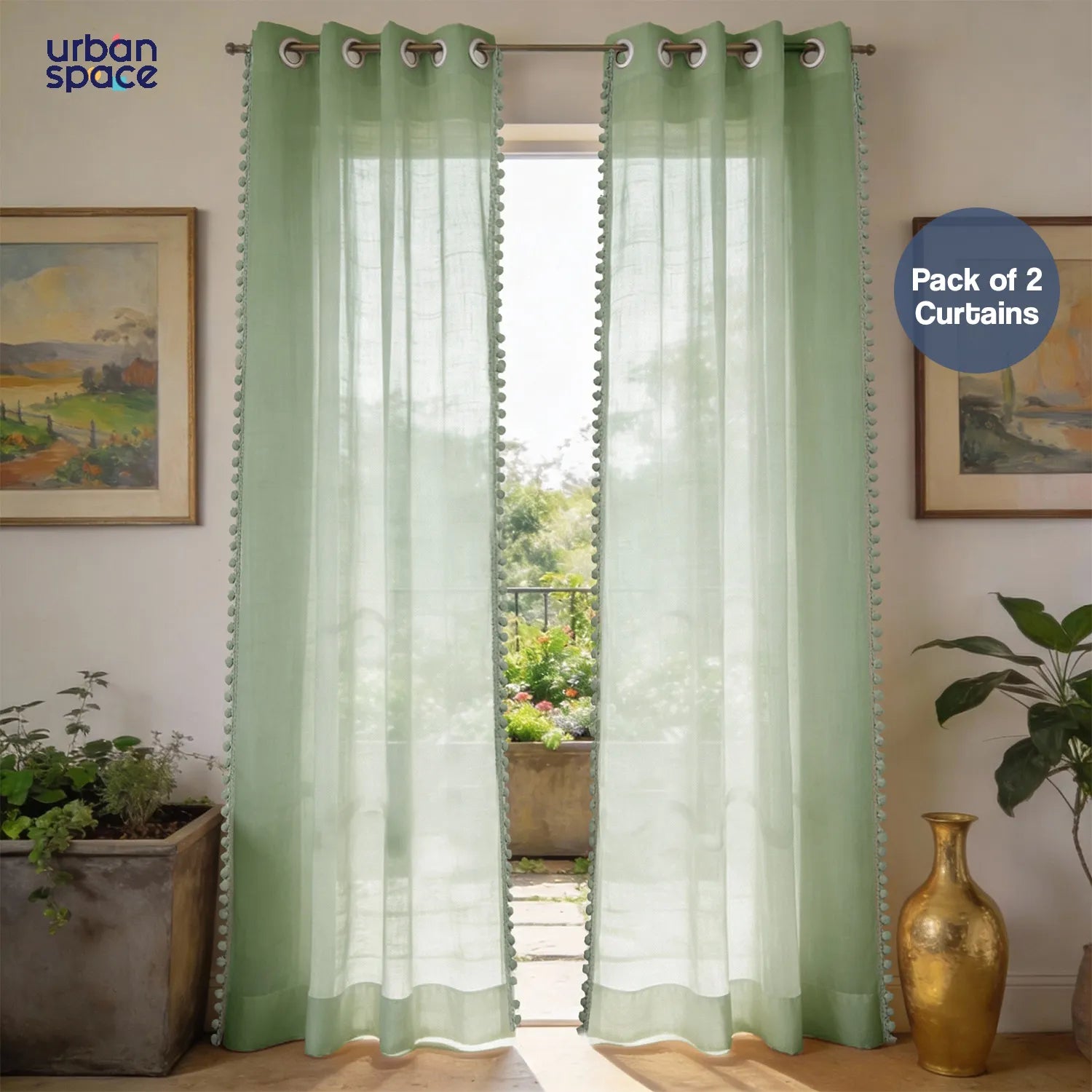 Sheer Curtain for Living Room with linen texture, Net Curtain for balcony, Pack of 2 Curtains -  Green with Pom pom